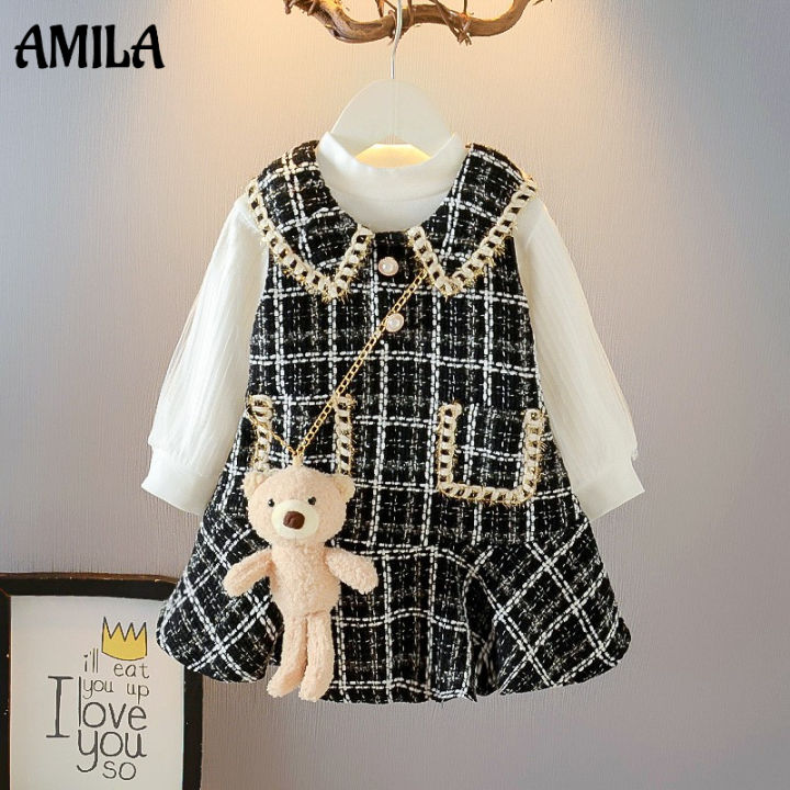 amila-ชุดเสื้อผ้าเด็กผู้หญิง-เสื้อยืดแขนยาว-กระโปรงเสื้อกั๊กชุดเดรสสไตล์เกาหลีสำหรับเด็กทารก