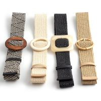 Women Wide Braided Elastic Belt for Dress Round Bamboo Buckle Casual Fashion Girdle Wood Jade Buckle Fake Straw Waistband