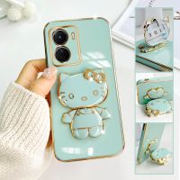 For vivo Y16 Mobile Phone Case Fashion Temperament Plating TPU Advanced Rotary Stand Makeup Mirror Hello Kitty Folding Mirror Stand Net Red New Couple Gift Soft Touch Anti slip Anti fall Protective Case