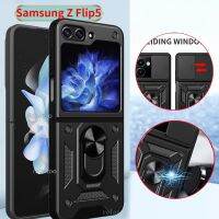 เคสฝาพับแม่เหล็กสำหรับ Samsung Galaxy ZFlip4 5 Z,Flip5 4 5G 360 ° ป้องกันเต็มรูปแบบหรูหรามีแผ่นสไลด์หน้าต่างแบบกดที่เลนส์กล้องถ่ายรูปเกราะกันกระแทกวางโทรศัพท์แม่เหล็กเคสด้านหลัง