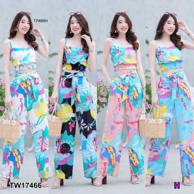 TW17466 set 2 ชิ้น เสื้อครอปสายเดี่ยว พิมลาย + กางเกงพิมลายขายาวผูกเอว