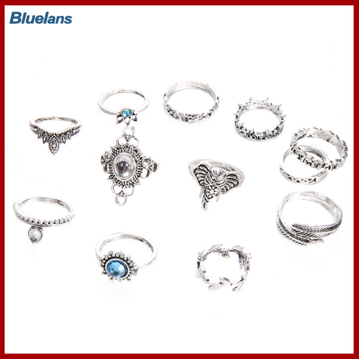 Bluelans®แหวนวงบางข้อนิ้วเครื่องประดับพลอยเทียมผู้หญิงวินเทจโบโฮ12ชิ้น