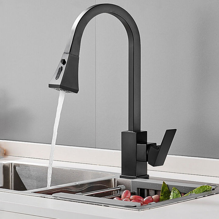 จัดส่งจากกรุงเทพฯ-ก๊อกผสม-ก๊อกน้ำ-ก๊อกน้ำผสมน้ำร้อนน้ำเย็น-หมุนได้-360-องศา-ก๊อกน้ำห้องครัว-ก๊อกน้ำอ่างล้างจาน-square-black-sink-tap