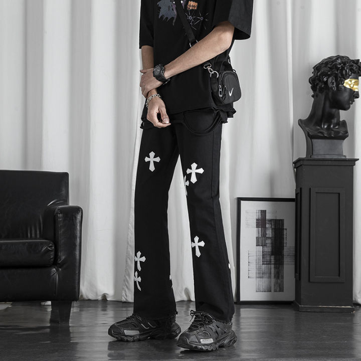 asrv-กางเกงยีนส์ผู้ชายขอบดิบกางเกงบานสานสีดำและสีขาวข้ามยุโรปและอเมริกาสไตล์ไฮสตรีท