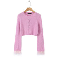 YENKYE 2023ผู้หญิง Feather Cuff Crop Cardigan Vintage Single Breasted O คอหญิงฤดูใบไม้ร่วงเสื้อกันหนาว Outerwear