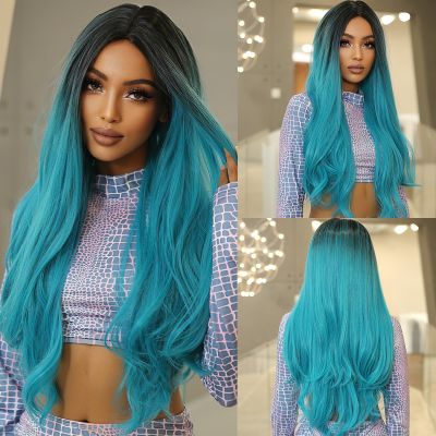 Blue Ombre Long Wavy Synthetic Wigs for Women Cosplay Wig Body Wave Natural Hair Wigs Christmas Party Heat Resistant Fake Hair