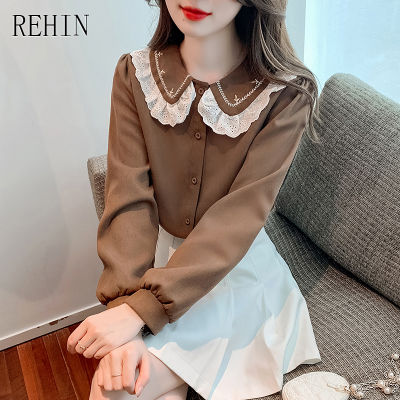 REHIN ของผู้หญิงฤดูใบไม้ร่วงใหม่เวอร์ชั่นเกาหลีอายุท้าทายการออกแบบเสื้อแขนยาวหวานตุ๊กตาปกปักนัวเนียเสื้อหรูหรา