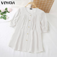 Fancystyle VONDA เสื้อลำลองผู้หญิงเสื้อยืดคอกลมเสื้อสตรีแบบจีบหลวมแขนสั้นพองสีทึบ #2