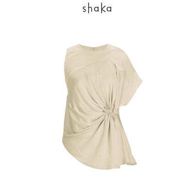 Shaka SS21 Draping Satiny Blouse เสื้อคอกลมแขนกุด ชายเสื้อเฉียง จับ Draping บริเวณเอว BL-S210321