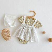 Summer baby girls fashion 3pcs outfits short sleeve floral romper and white overalls dress with cap