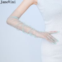 ▣✵♦ JaneVini 70CM Long Sheer Tulle Gloves Full Finger Mittens Mesh Elbow Wedding Bride Gloves Prom Party Bridal Gloves Accessory