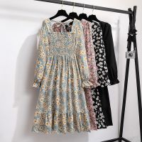 【YF】 Women Casual Dress Autumn Spring Fashion Female Long Sleeve Printed Floral Elastic Chest Lace Up A-line Midi Chiffon Dresses