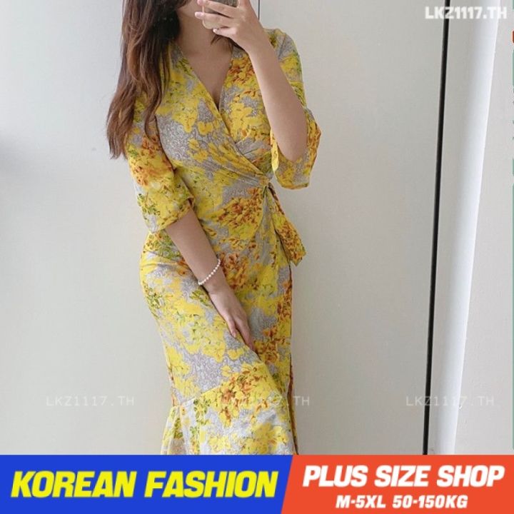 plus-size-เสื้อผ้าสาวอวบ-เดรสสาวอวบอ้วน-ไซส์ใหญ่-ผู้หญิง-เดรสลายดอก-ยาว-แขนสั้น-คอวี-ฤดูร้อน-สไตล์เกาหลีแฟชั่น-v728