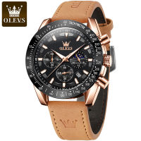 OLEVS Men S Quartz Watch Original Top nd Watches Brown Leather Strap Calendar Moon Phase Waterproof Luminous Luxury Watch Men