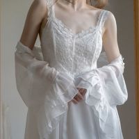 【LZ】☏✥❉  Longo roupão branco de casamento camisola elegante pijamas estilo corte francês camisola de renda doce vestido de gaze roupão