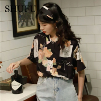 SHUFU 2320 สต็อกพร้อม สไตล์เกาหลี เสื้อชีฟองสำหรับผู้หญิง พลัสไซส์ แขนสั้น ปก ท็อปส์ซูดอกไม้