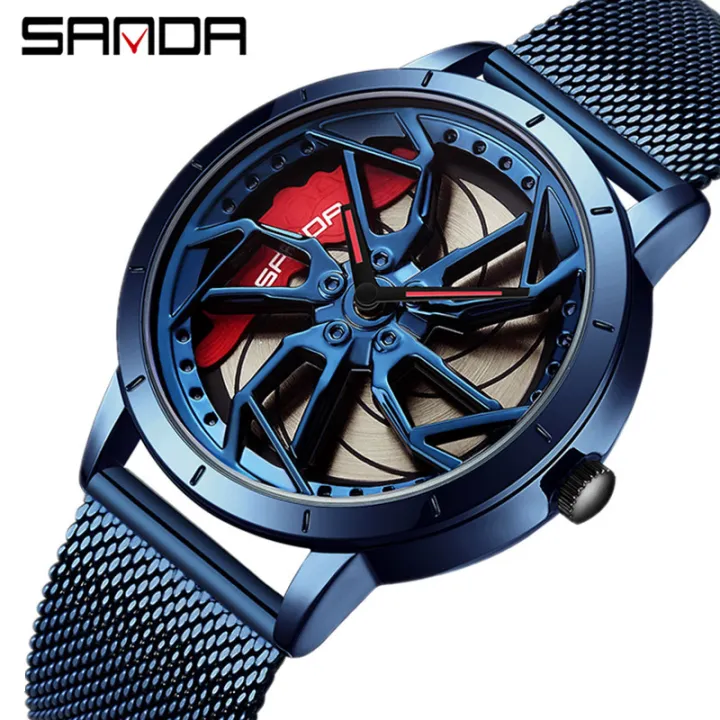 SANDA Luxury Brand Men's Fashion Car Wheel Rim Hub Rotating Dial Watch