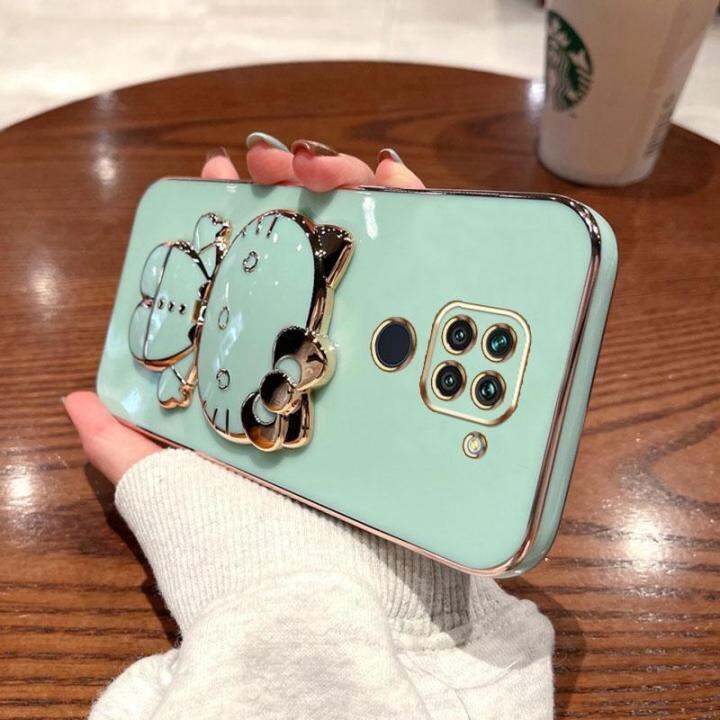 folding-makeup-mirror-phone-case-for-xiaomi-redmi-note-9-4g-case-fashion-cartoon-cute-cat-multifunctional-bracket-plating-tpu-soft-cover-casing