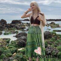 COD DSFGRDGHHHHH blessedtime-y2k Printed Green Midi Skirts Retro Kawaii Lace Up Long Pleated Skirts Grunge Fairycore Boho Beach Holiday Skirt Chic Women