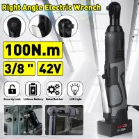 Cordless Electric Wrench 100N.m 3/8" Ratchet Wrench Set Angle Drill Screwdriver Wrench Tools with 2xBattery Charger 42V