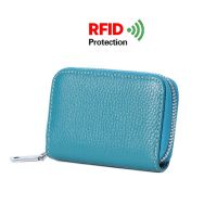 [chn1]100% ผู้ชายหนังธรรมชาติ/ผู้หญิงกระเป๋าสตางค์ใส่บัตร RFID หนังแท้ Unisex Dompet Koin ป้องกันการโจรกรรมกระเป๋าใส่บัตรเครดิตสีน้ำตาล