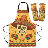 Apron Kit Mexican Skull West Cowboy Kitchen Bib Oven Mitts for Cooking Gardening Woman Kids Aprons Cuff Baking Accessories Aprons