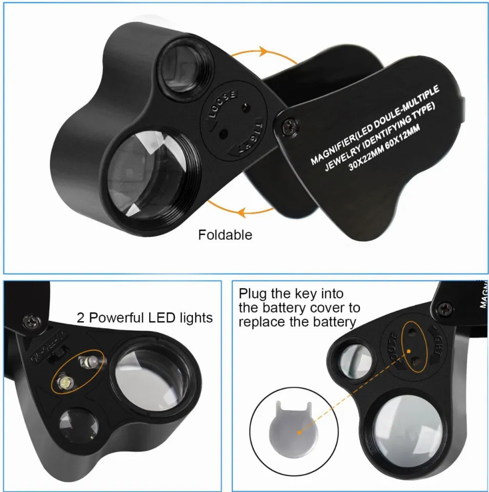 JARLINK 30X 60X Illuminated Jewelers Eye Loupe Magnifier, Foldable Jewelry  Magnifier with Bright LED Light for Gems, Jewelry, Coins, Stamps, etc Black