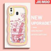 JIUMOO เคส M10s ปลอกสำหรับ Samsung กาแล็คซี่กันกระแทกที่สร้างสรรค์เคสโทรศัพท์โปร่งใสชานมลายการ์ตูนสีชมพูขอบคลื่นสีครีมน่ารักเคสป้องกันซิลิโคนปลอกอ่อนแบบเรียบง่าย