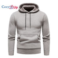 Cozy Up ใหม่เสื้อยืดผู้ชายคลุมด้วยผ้าขนแกะสีทึบอบอุ่นถักเสื้อสวมหัว