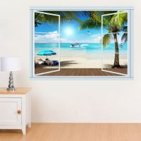 3D Windows Beach scenery Broken wall effect wall stickers for shipping room Wall decals One Piece Posters kids Murals