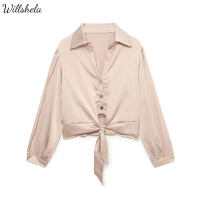 HOT”Willshela ผู้หญิงแฟชั่นซาตินพื้นผิว Cropped เสื้อ Lapel Collar แขนยาว Single Breasted กับ Bowknot หญิง Chic Elegant Lady Casual สำนักงานเกาหลีชุดเสื้อสั้น