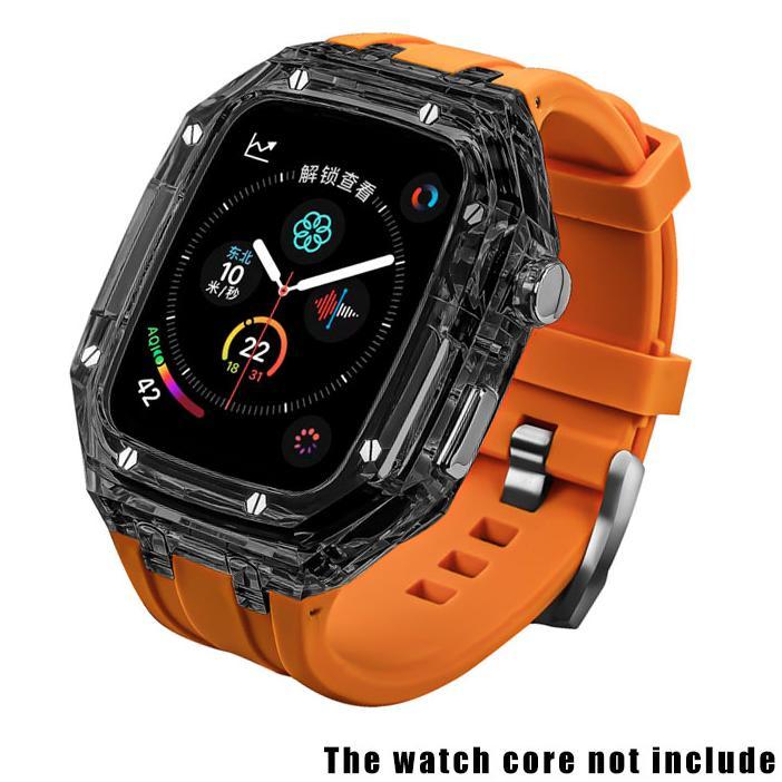แถบเคสธารน้ำแข็งใสสำหรับนาฬิกา-apple-45มม-44มม-ชุดดัดแปลงสายยืดกีฬายางสำหรับ-i-watch-series-8-7-6-5-4-se-refit-ไม่รวมนาฬิกา