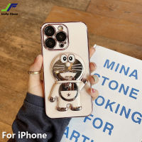 เคสโทรศัพท์โดราเอม่อน JieFie สำหรับ iPhone 14 Pro Max 13 Pro Max 12 Pro Max 11 Pro Max 6S Plus 7 8 Plus XR X XS Max ที่ยึดตุ๊กตาน่ารักการ์ตูนชุบโครเมียมฝาครอบโทรศัพท์เนื้อนิ่ม TPU + ขาตั้ง