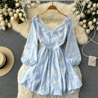 Women y Sweet Square Collar Dress  Spring Summer Long Sleeve Backless Chic Bow Short Dresses Vestidos E414