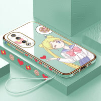 เคสสำหรับ Honor เคสโทรศัพท์90 5G 90 Lite 5G ฟรีสายคล้องลายการ์ตูนดวงจันทร์ขอบสี่เหลี่ยมน่ารักปลอกหุ้มเคสโทรศัพท์เด็กผู้หญิงชุบหรูหราผู้หญิงเคสโทรศัพท์นิ่ม