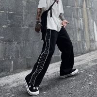 CODiy085671 Korean Style Letters Printed Pants Mens Fashion All-match Wide Leg Pant Casual Loose Sports Trousers Male Clothing Trendy Straight Mid Waist Trouser for Men