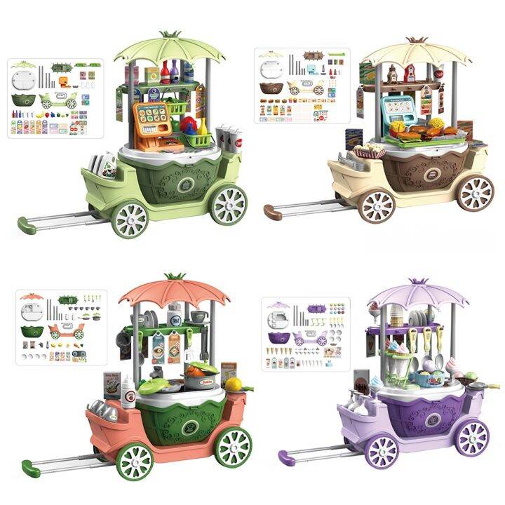 Kids Ice Cream Toy Cart Play Set Ice Cream Trolley Car Pretend Cooking
