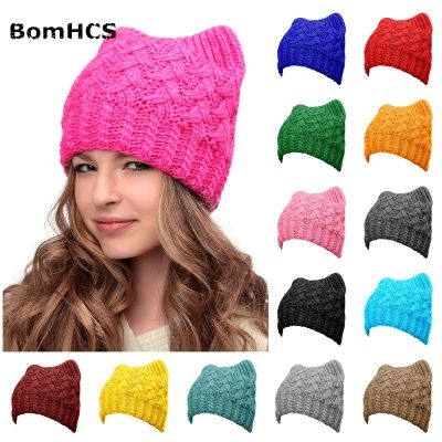 BomHCS Hats Cats Ears Pink Pussy Cat Handmade Knit Beanie Winter Women Girls Caps