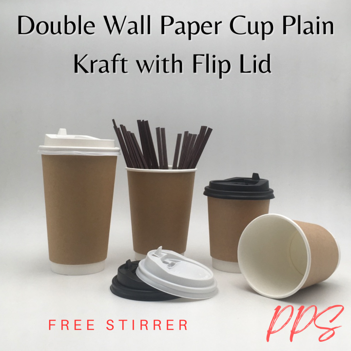 Double Wall Paper Cup Plain Kraft With Black Flip Lid Free Stirrer 25pcs50pcs 8oz12oz16oz 1342