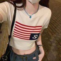 ๑ American retro striped knitted short-sleeved T-shirt for women summer hot girl jazz style high-waisted short dance top