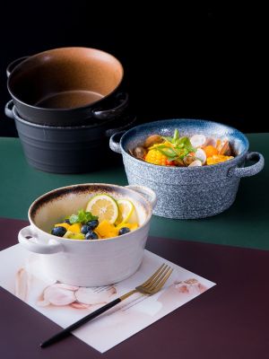 ชามญี่ปุ่น,ชามเซรามิกขนาดใหญ่,ถ้วยซุปแบบสองหู,ชามก๋วยเตี๋ยวสร้างสรรค์,ชามสลัด,หม้อซุปใช้ในครัวเรือนและ Guanpai4บนโต๊ะอาหาร