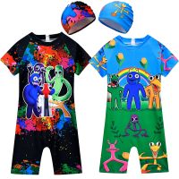 ✚◕ Boys Rainbow Friends One Piece Swimwear and Hats Sets Cartoon Print Beachwear Children Holiday Bathing Suit 2023 Kids Swimsuit