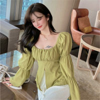 Shirt Womens Western Style Gentle French Square Collar Irregular Slit Lantern Sleeve Thin-style Blue Small Shirt