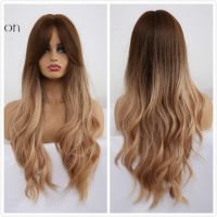 EASIHAIR Long Ombre Brown Blonde Synthetic Wigs for Women Wigs with Bangs High Temperature Glueless Wavy Cosplay Hair Wigs Gift ของขวัญ gift