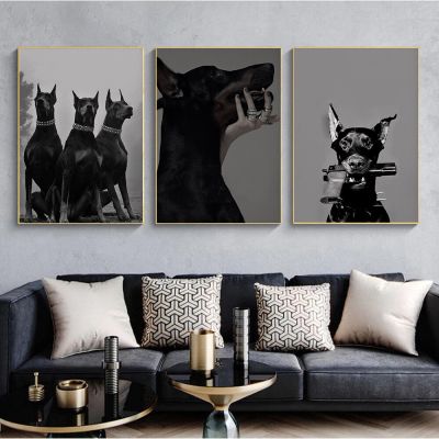 แฟชั่นสีดำ Doberman สุนัขผ้าใบ C Uadros ปืนมือโปสเตอร์และภาพพิมพ์-นอร์ดิกภาพผนังศิลปะสำหรับห้องพักตกแต่งบ้าน