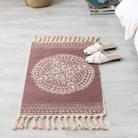 60x90cm Retro Bohemian Hand Cotton Linen Car Tassel Bedside Rug Geometric Floor Mat