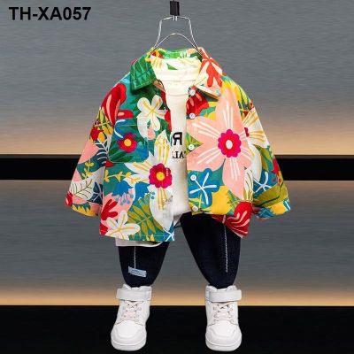 Boys flower long-sleeved spring clothes 2023 new ruffian handsome baby top boy trendy