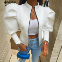 Fashion Women Oversize Puff Sleeve Jacket Casual White Zipper Cropped Print Jackets Autumn Winter High Street Coat Ladies 2022