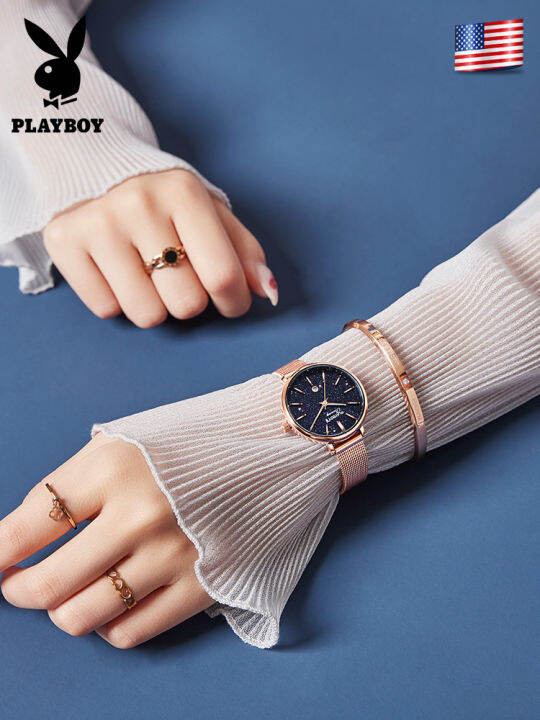 playboy-เซ็ตนาฬิกาสำหรับผู้หญิงซื้อ1แถม2ฟรีสร้อยคอกำไล2023ขายร้อน-classic-star-กันน้ำวันที่แสดง-milanese-สายรัดเหล็ก-หนัง