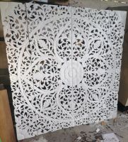 White Mandala Wood Carving Headboard King Wooden Panel 180 x 180 Centimetre Wall Art Hanging Wooden Carve Decor (ไม้แกะสลักลายบาหลีสีขาว)